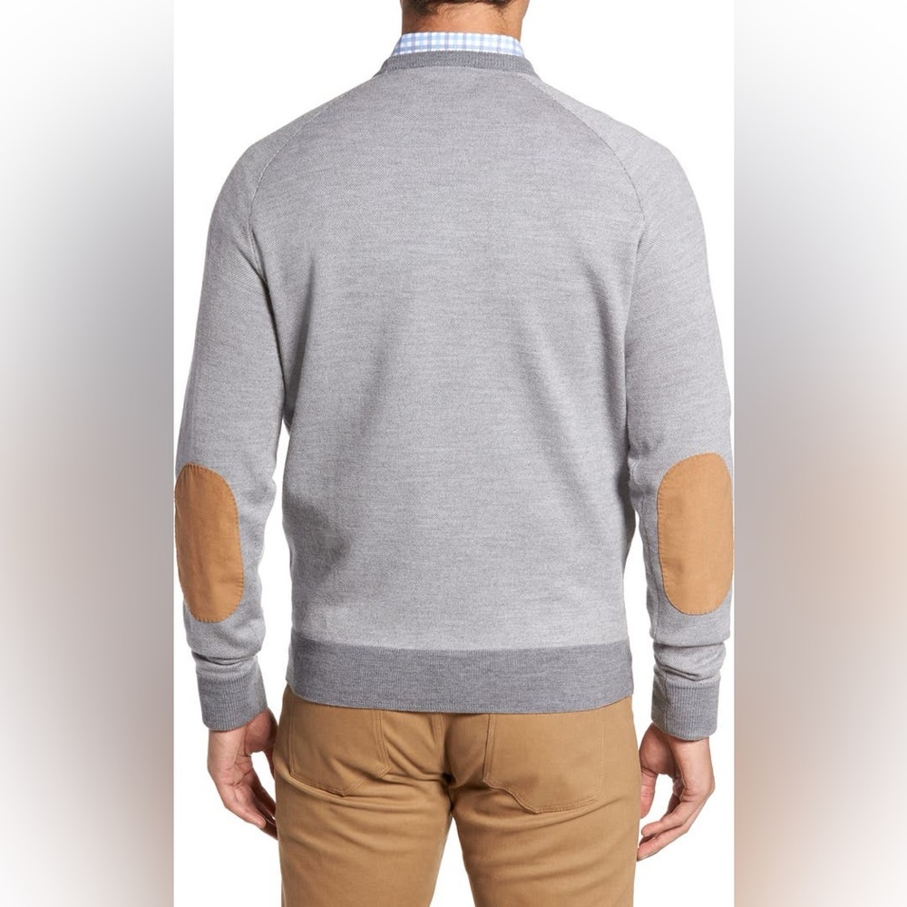 Peter Millar Solstice Elbow patch Italian Merino wool Gray Sweater academia prep
